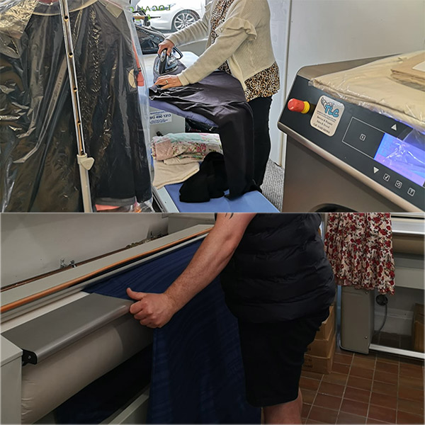 Ironing split image using iron and ironing board and commercial ironing equipment in the Launderette at Impressed Launderette Blackpool offering services for both commercial and domestic customers